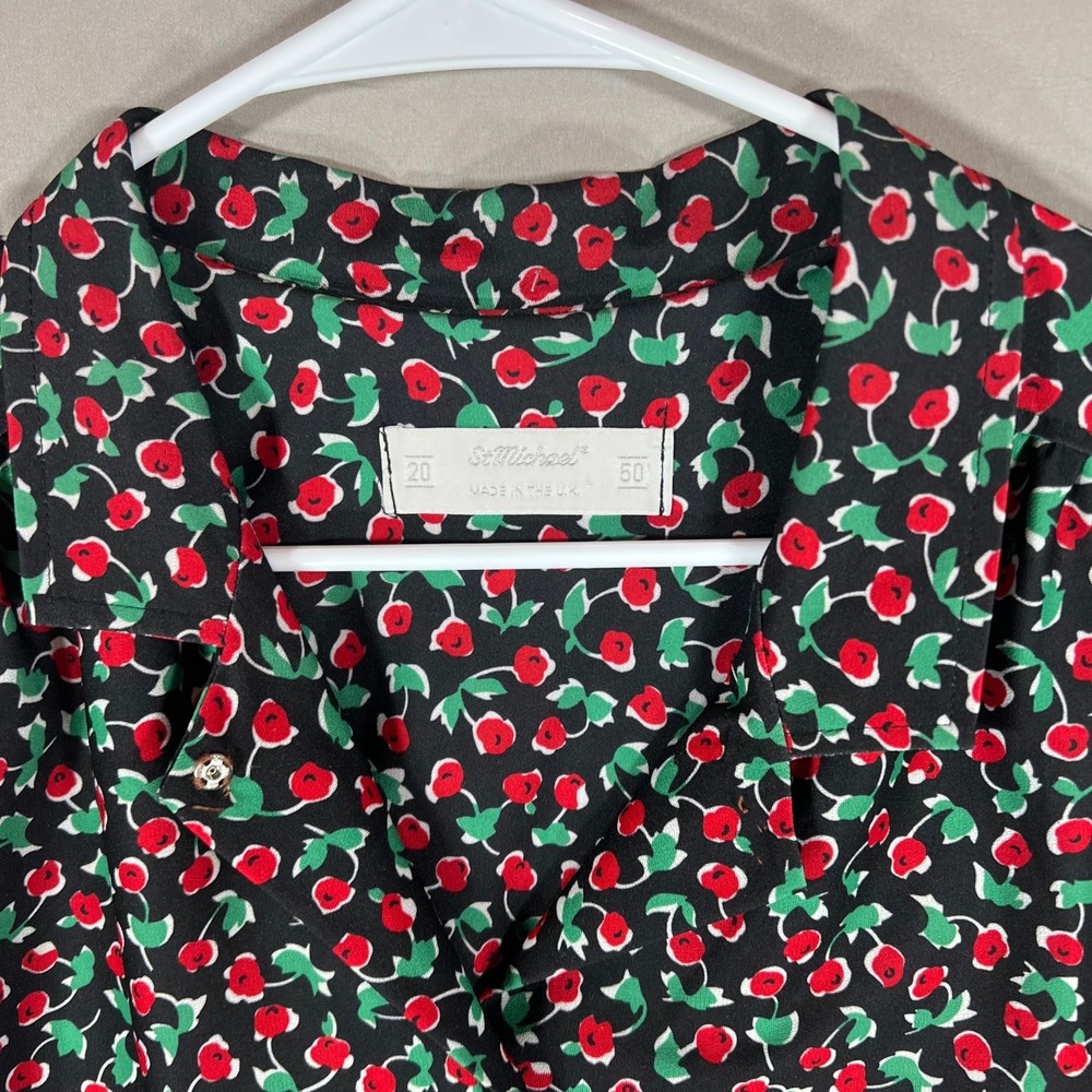 Vintage UK St Michaels Red Poppies Short Sleeve Blouse Women's XL Cottagecore